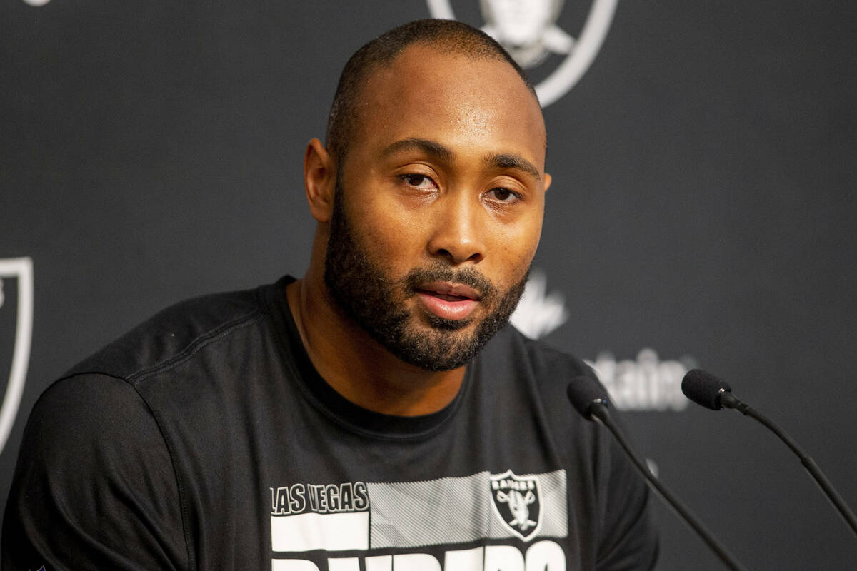 Raiders outside linebacker K.J. Wright (34) speaks during a news conference at Raiders headquar ...