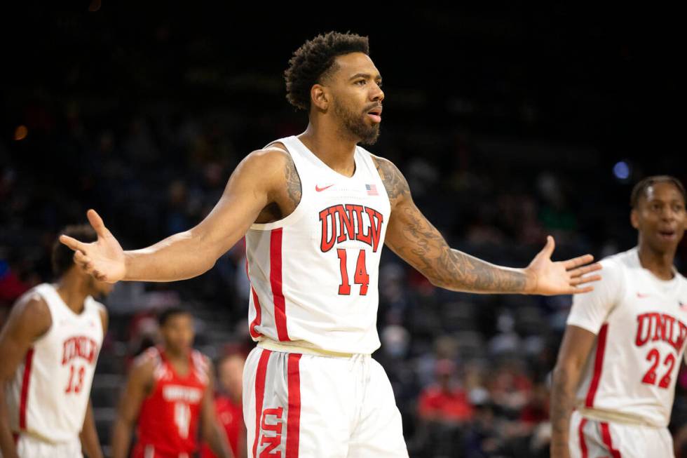 UNLV Rebels forward Royce Hamm Jr. (14) reacts to a refereeճ call during the second half ...