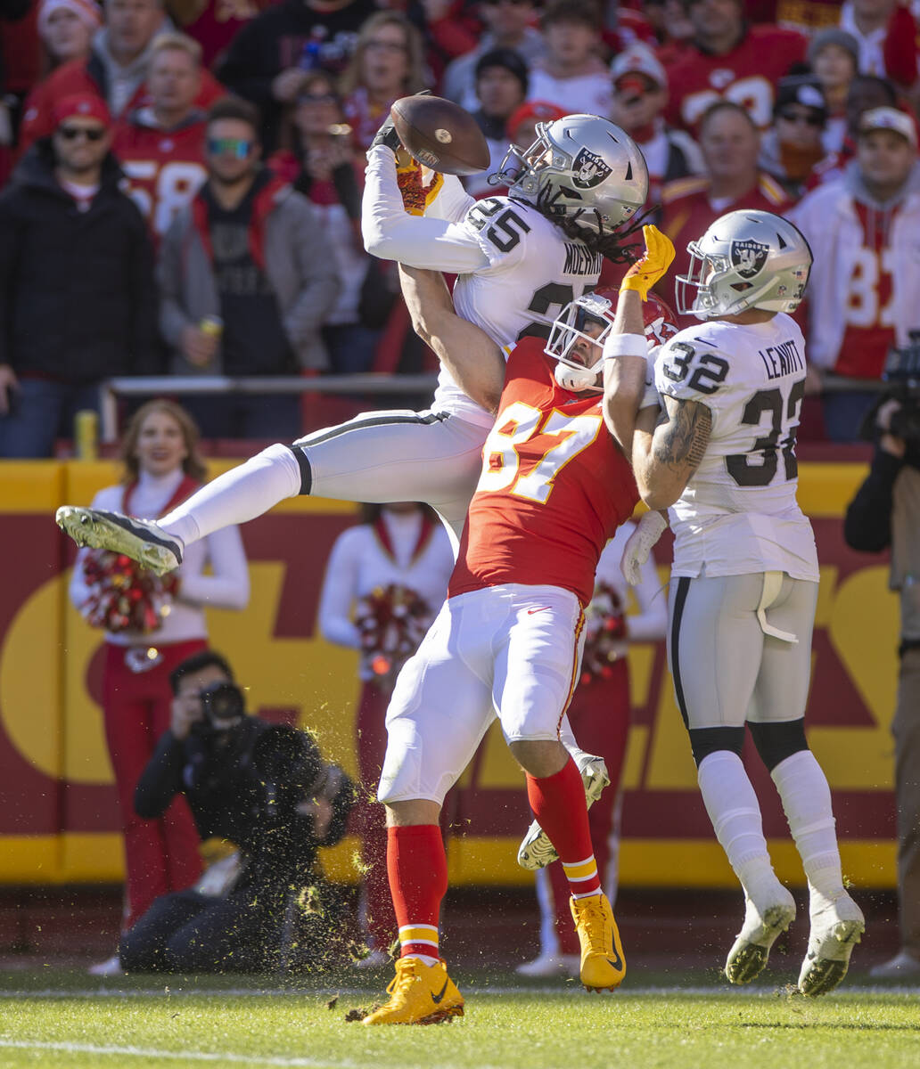 Raiders free safety Trevon Moehrig (25) breaks up a pass and nearly intercepts Kansas City Chie ...