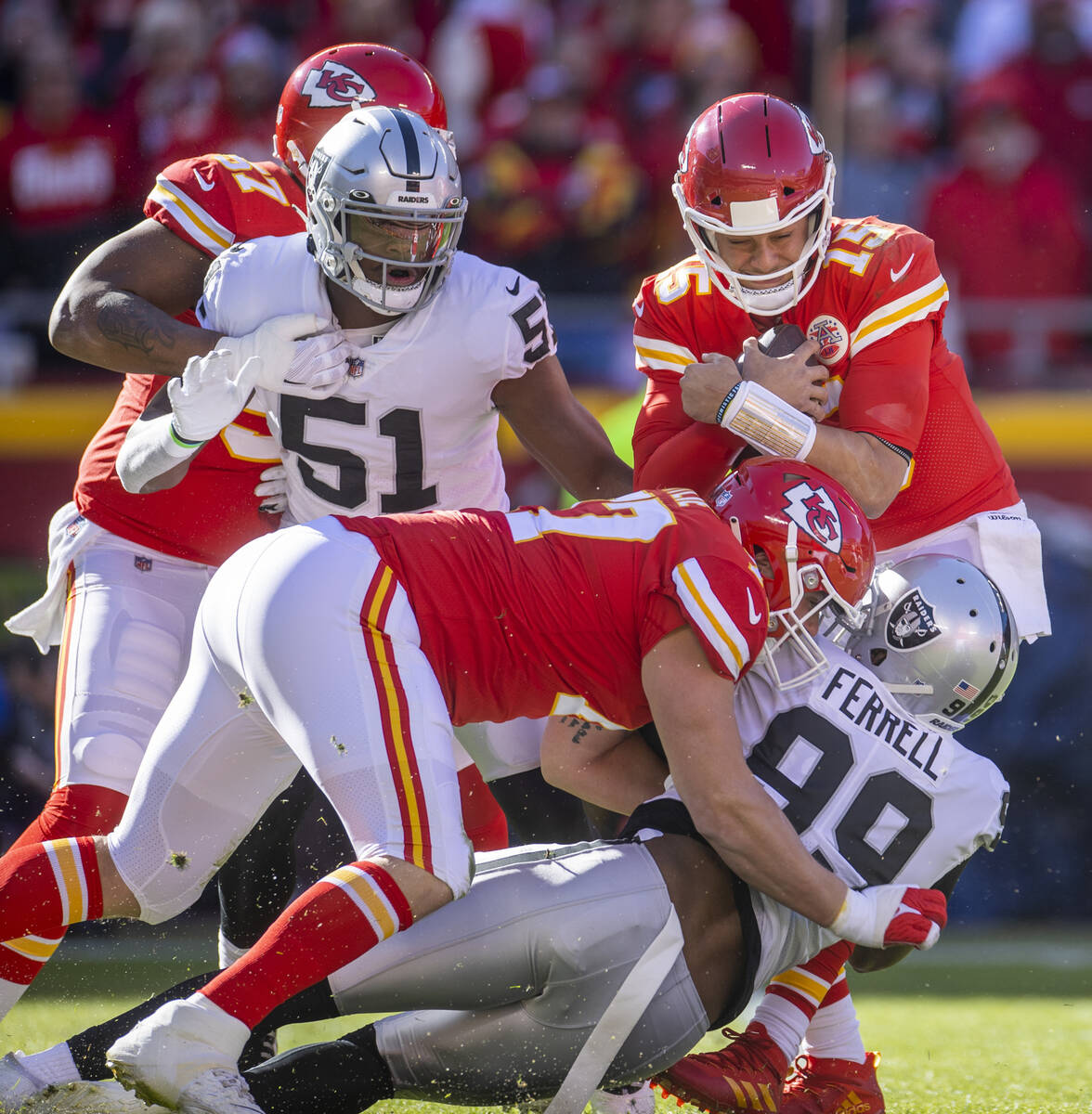 Raiders defensive end Clelin Ferrell (99) sacks Kansas City Chiefs quarterback Patrick Mahomes ...