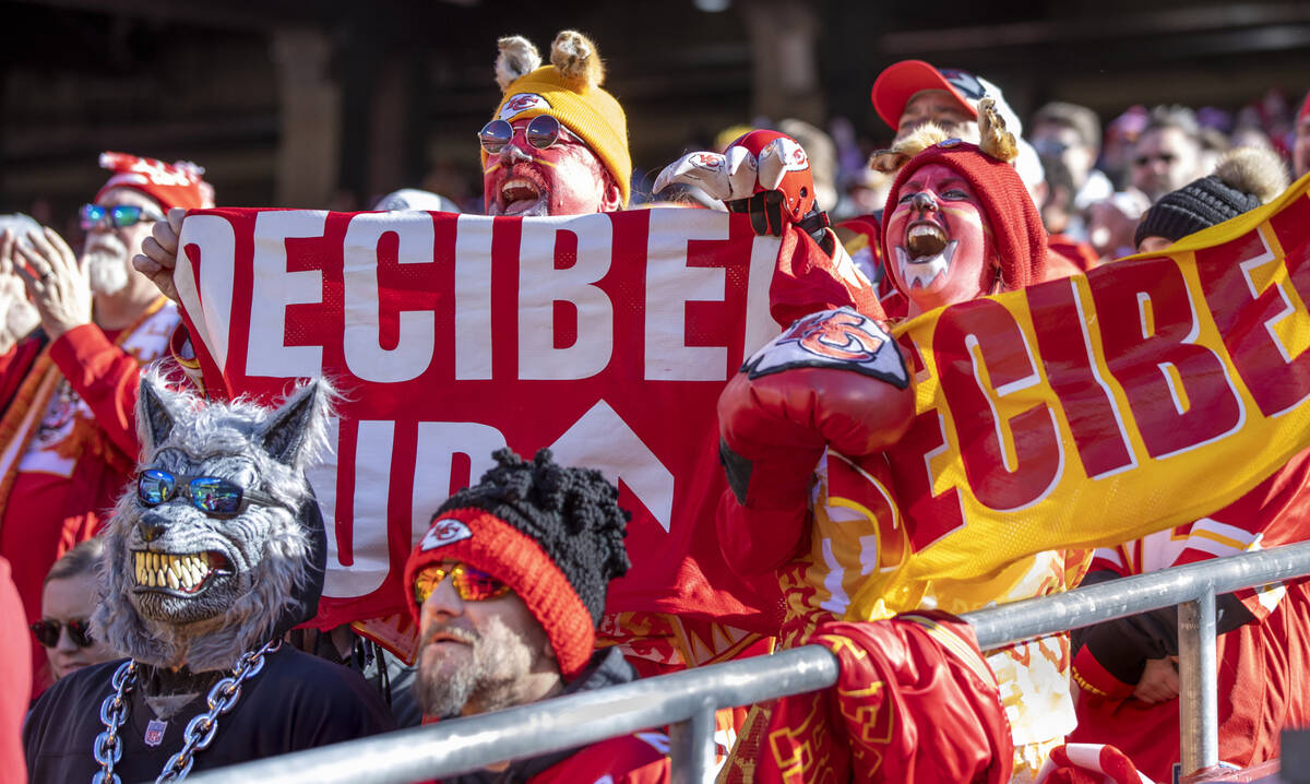 Kansas City Chiefs fans cheer on their team versus the Raiders in the first half of an NFL game ...