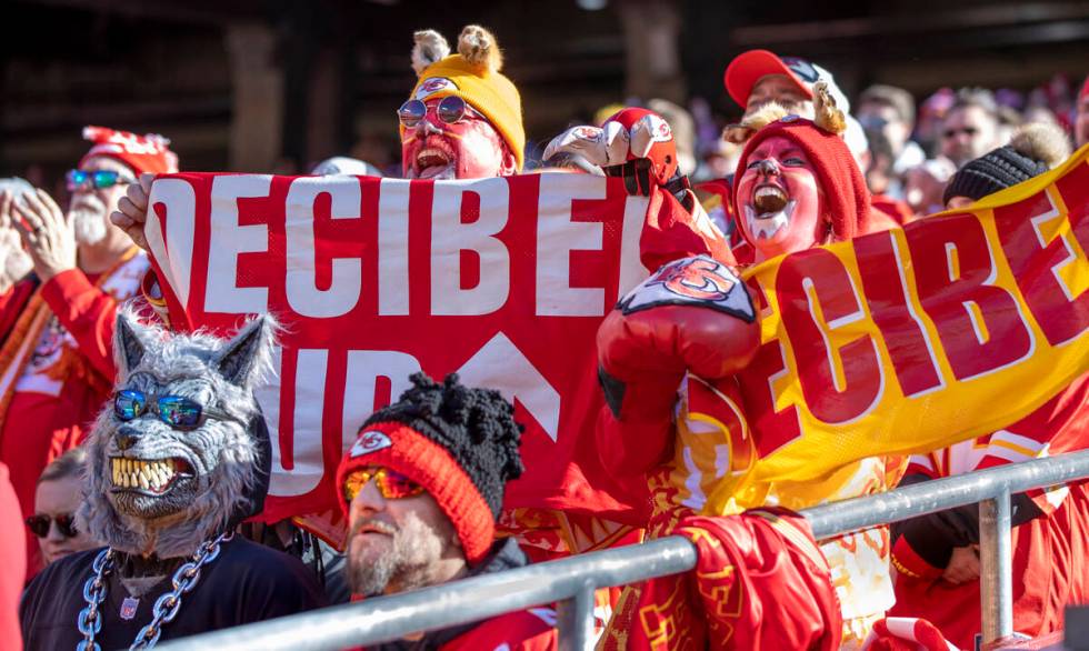 Kansas City Chiefs fans cheer on their team versus the Raiders in the first half of an NFL game ...