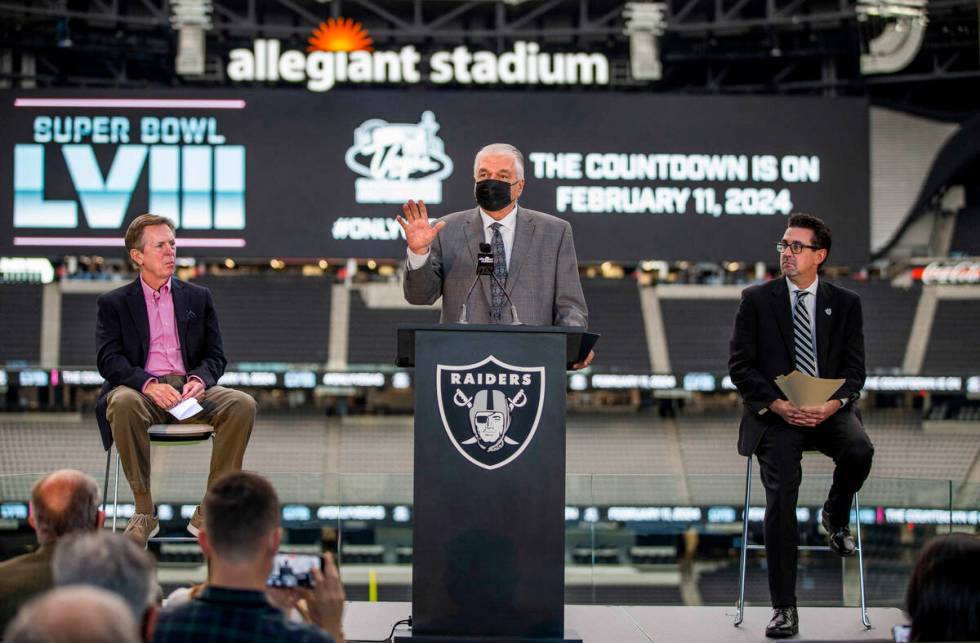during the NFL Super Bowl LVIII press conference event at Allegiant Stadium on Wednesday, Dec.1 ...