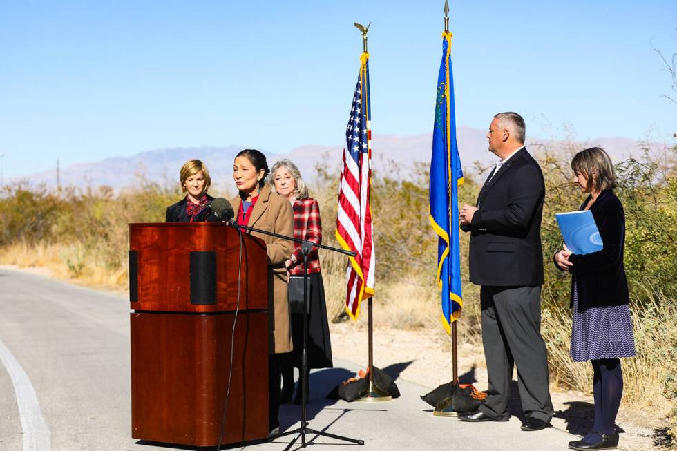 Interior Secretary Deb Haaland addresses the media at a press conference to discuss the recentl ...