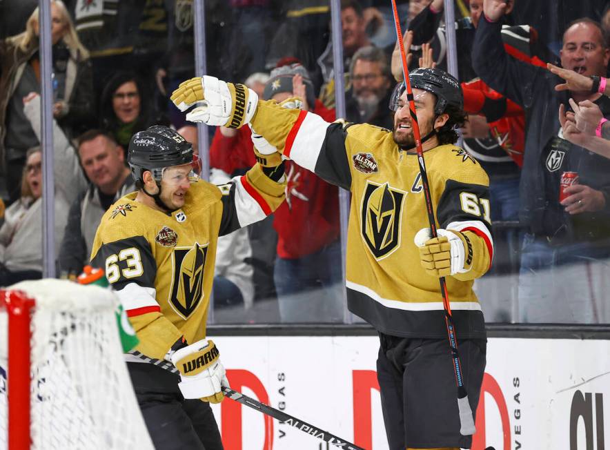 Golden Knights right wing Mark Stone (61) celebrates after his goal against the Minnesota Wild ...