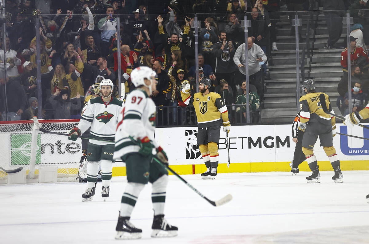 Golden Knights defenseman Alex Pietrangelo (7) celebrates after scoring an empty net goal again ...