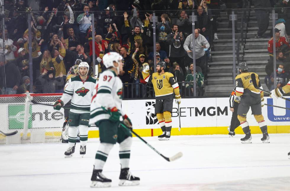 Golden Knights defenseman Alex Pietrangelo (7) celebrates after scoring an empty net goal again ...