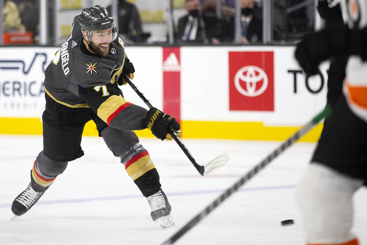 Golden Knights defenseman Alex Pietrangelo (7) takes a shot on goal during the third period of ...