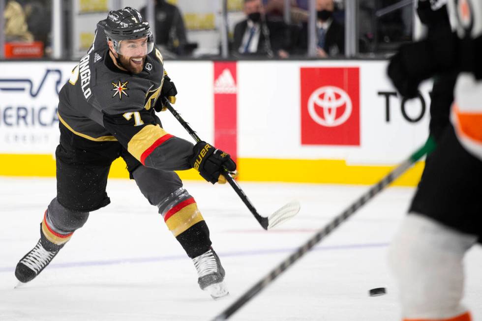 Golden Knights defenseman Alex Pietrangelo (7) takes a shot on goal during the third period of ...