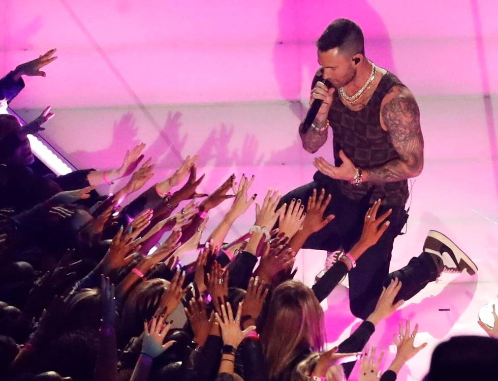 Adam Levine of Maroon 5 performs during the halftime show at the NFL Super Bowl 53 football gam ...