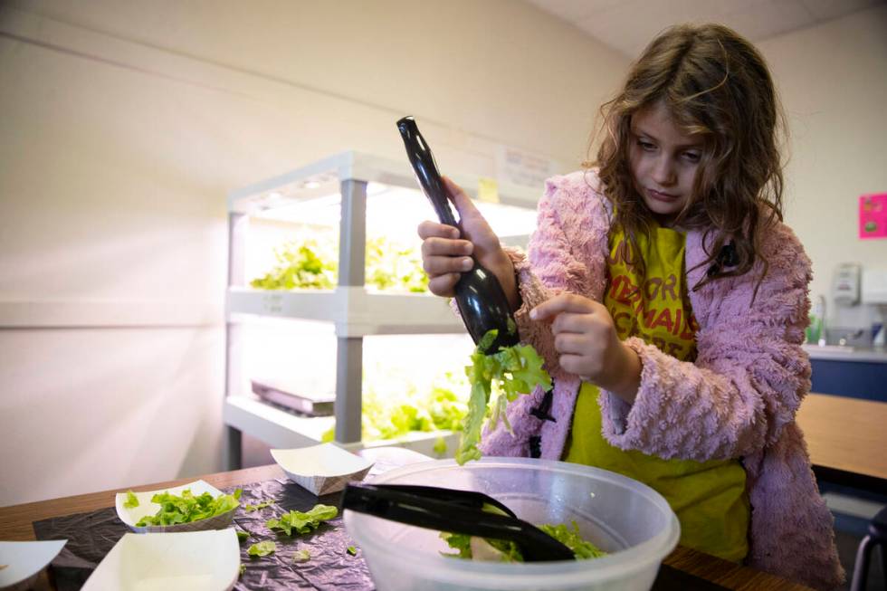 Ava Fountain makes a salad during a Gardening Club meeting at Dearing Elementary School in Las ...