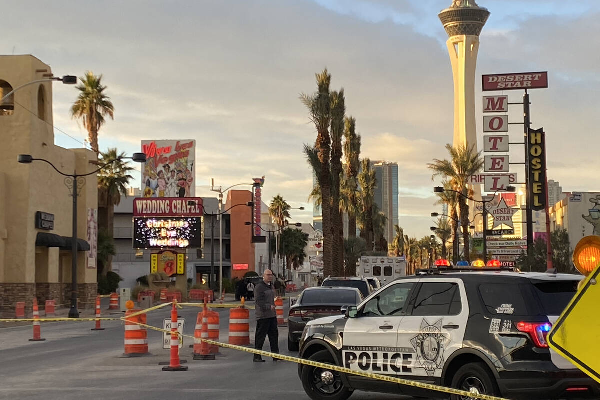 Las Vegas police investigate a homicide near Las Vegas Blvd. and East Park Paseo Street on Tues ...