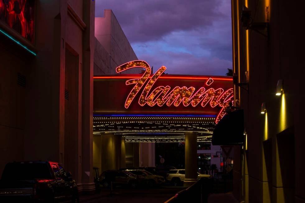 A view of the porte-cochere at the Flamingo in Las Vegas on Thursday, Dec. 9, 2021. (Chase Stev ...