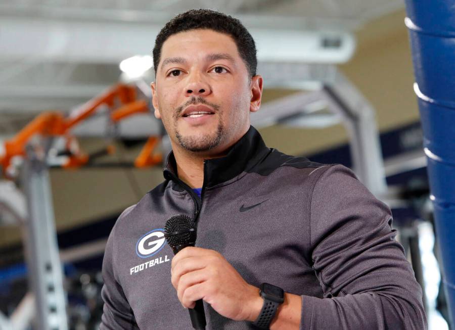 Bishop Gorman High School football head coach Brent Browner speaks during a signing day event ...