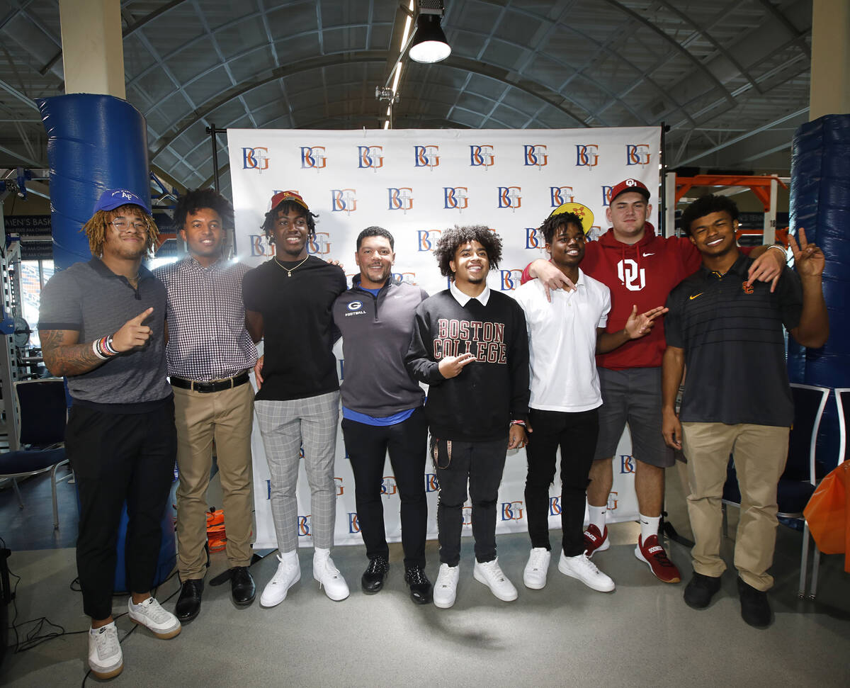 Bishop Gorman High School football players Jeremiah-Joseph 'JJ' Bwire, from left, Benjamin Huds ...