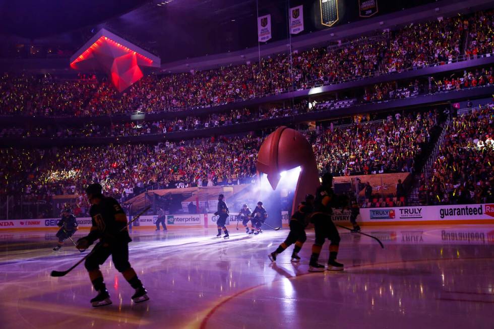 The Golden Knights skate onto the ice before the start of Game 1 of an NHL hockey Stanley Cup s ...