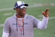 FILE - Jackson State head coach Deion Sanders points during an NCAA football game against Louis ...
