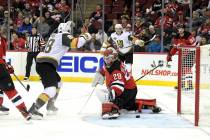 Vegas Golden Knights left wing William Carrier (28) celebrates after scoring a goal past New Je ...