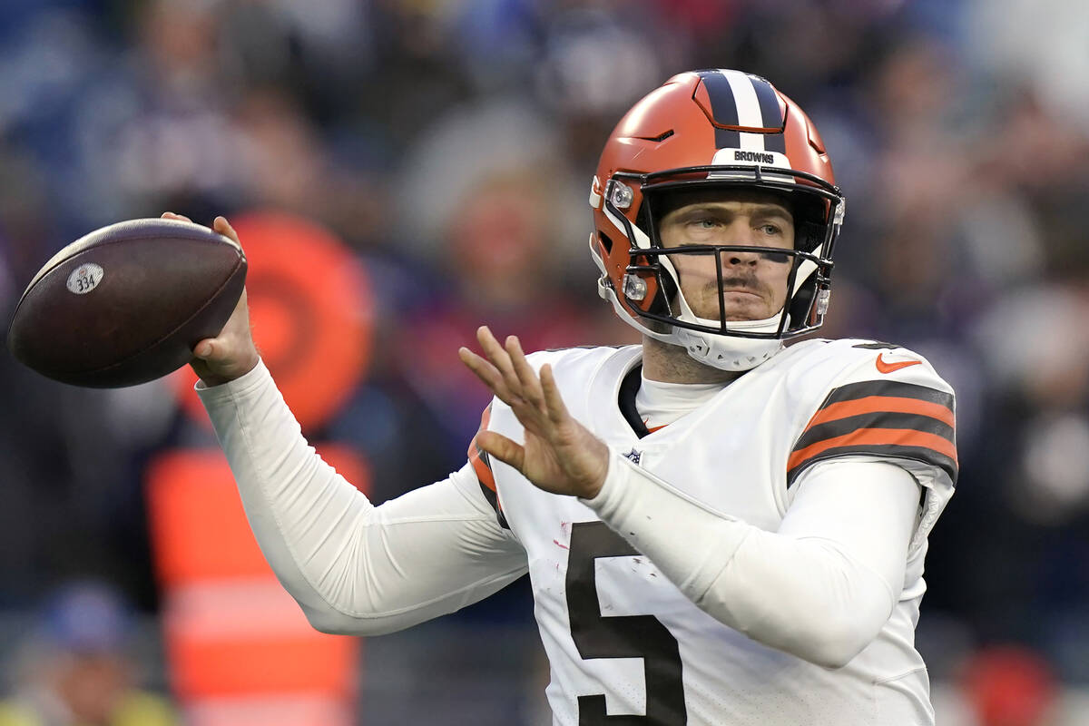 Cleveland Browns quarterback Case Keenum passes during the second half of an NFL football game, ...