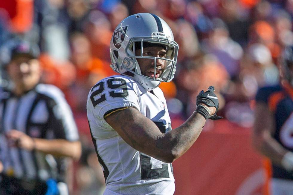 Raiders cornerback Casey Hayward (29) celebrates a defensive stop during the second quarter of ...