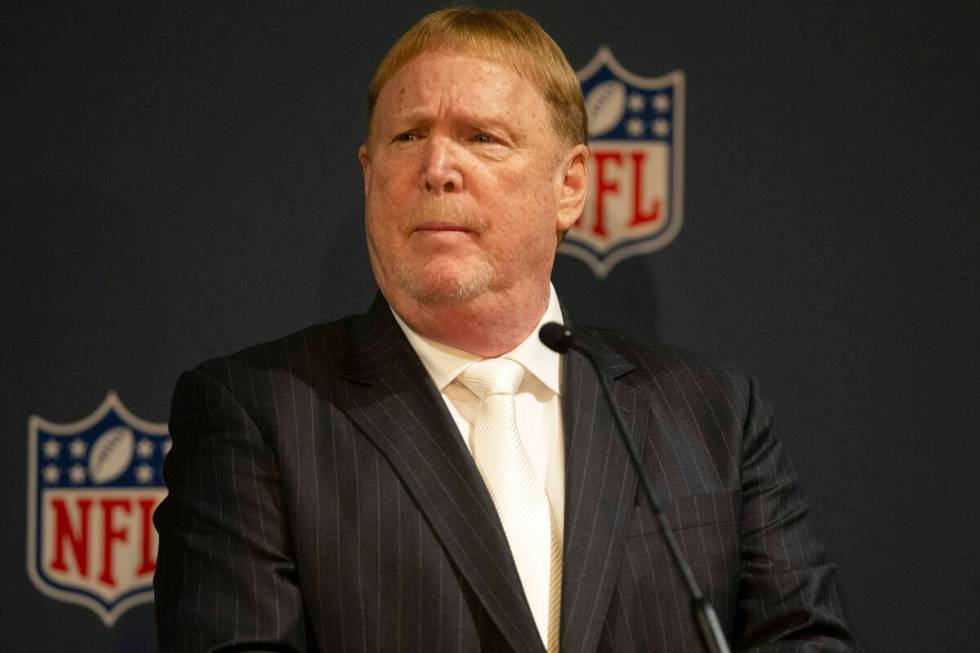 Raiders owner Mark Davis takes questions during a news conference at the Four Seasons Resort an ...