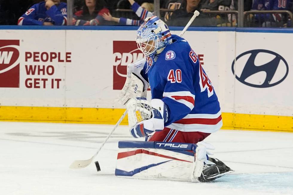 New York Rangers goaltender Alexandar Georgiev makes the save against the Vegas Golden Knights ...