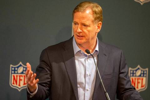 NFL commissioner Roger Goodell speaks during a news conference after an NFL meeting where the t ...