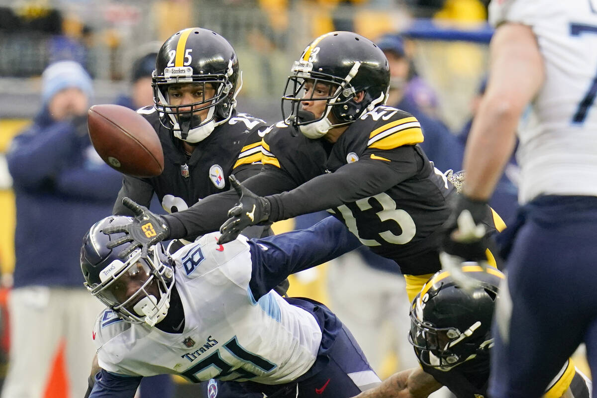 Pittsburgh Steelers cornerback Joe Haden (23) comes up with an interception on a pass intended ...