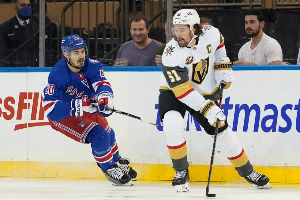 Vegas Golden Knights right wing Mark Stone (61) skates against New York Rangers left wing Chris ...