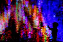 A boy is silhouetted against Christmas lights reflected on a pond as he walks through a park Th ...