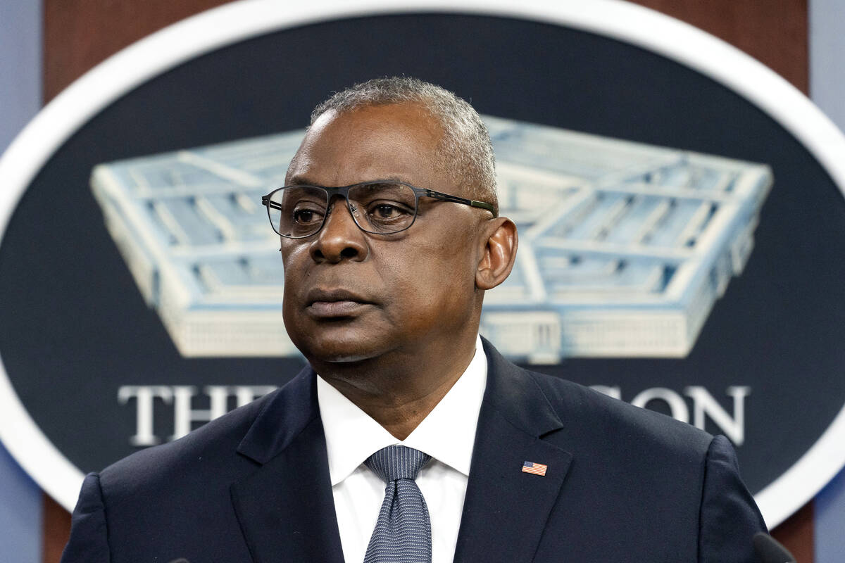 Secretary of Defense Lloyd Austin pauses while speaking during a media briefing at the Pentagon ...