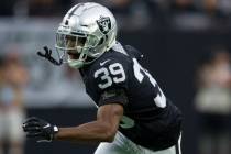 Raiders cornerback Nate Hobbs (39) runs on the field during the second quarter of an NFL footba ...