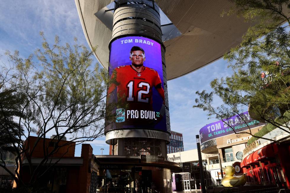 Pro Bowl pick, Tampa Bay Buccaneers quarterback Tom Brady, is displayed on video screens at the ...