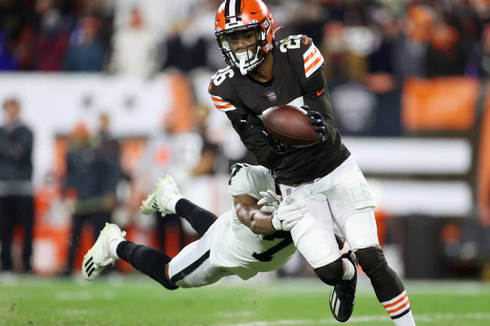 Cleveland Browns cornerback Greedy Williams (26) intercepts the ball intended for Raiders wide ...