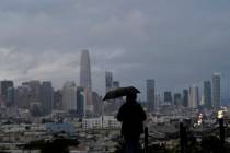 A pedestrian carries an umbrella while looking toward the skyline from Dolores Park in San Fran ...