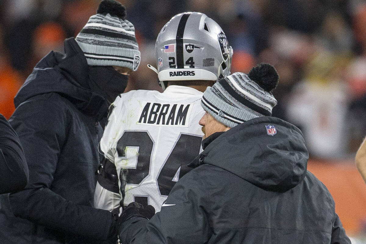 Raiders safety Johnathan Abram (24) leaves the field after being injured during the fourth quar ...