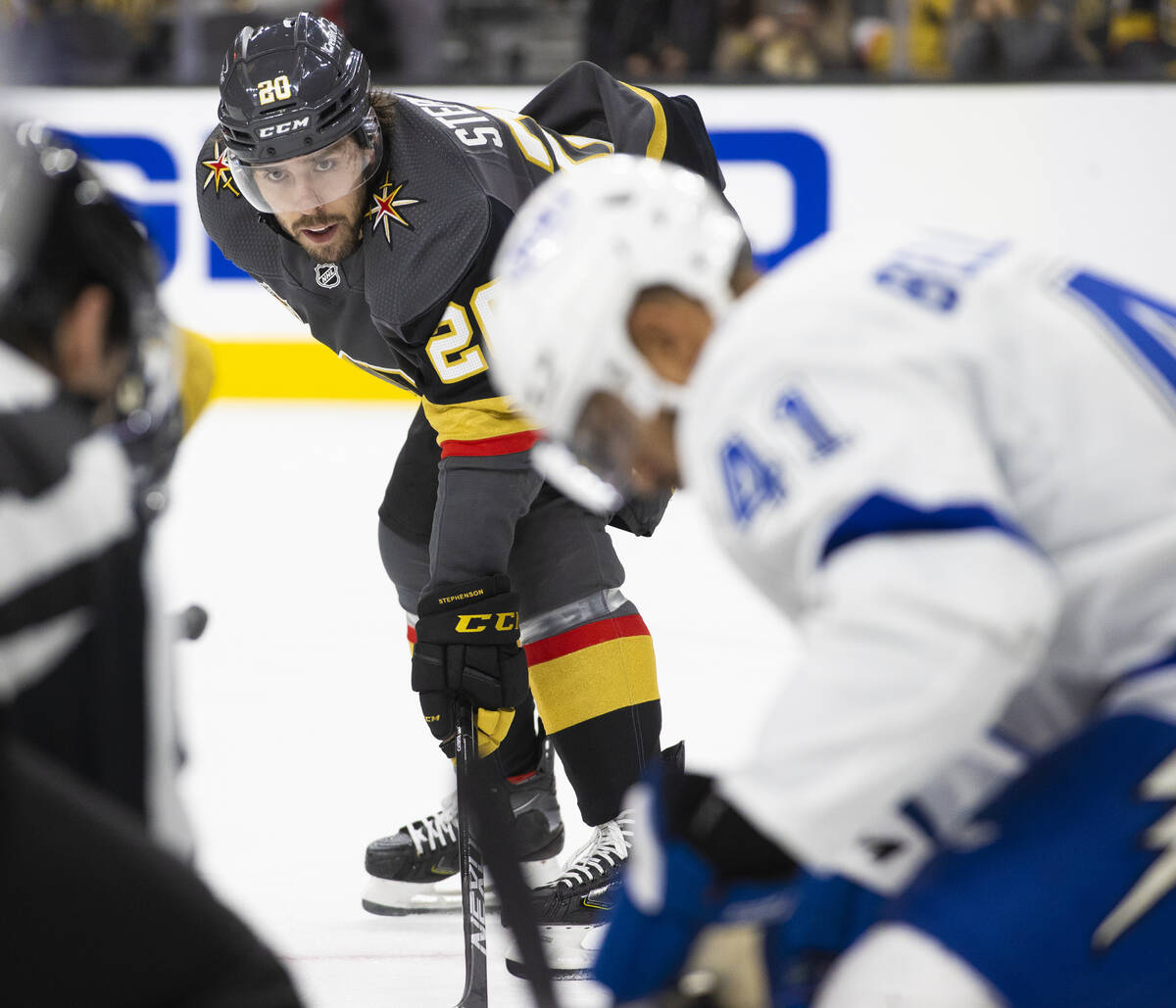 Vegas Golden Knights center Chandler Stephenson (20) waits for a face off with Tampa Bay Lightn ...