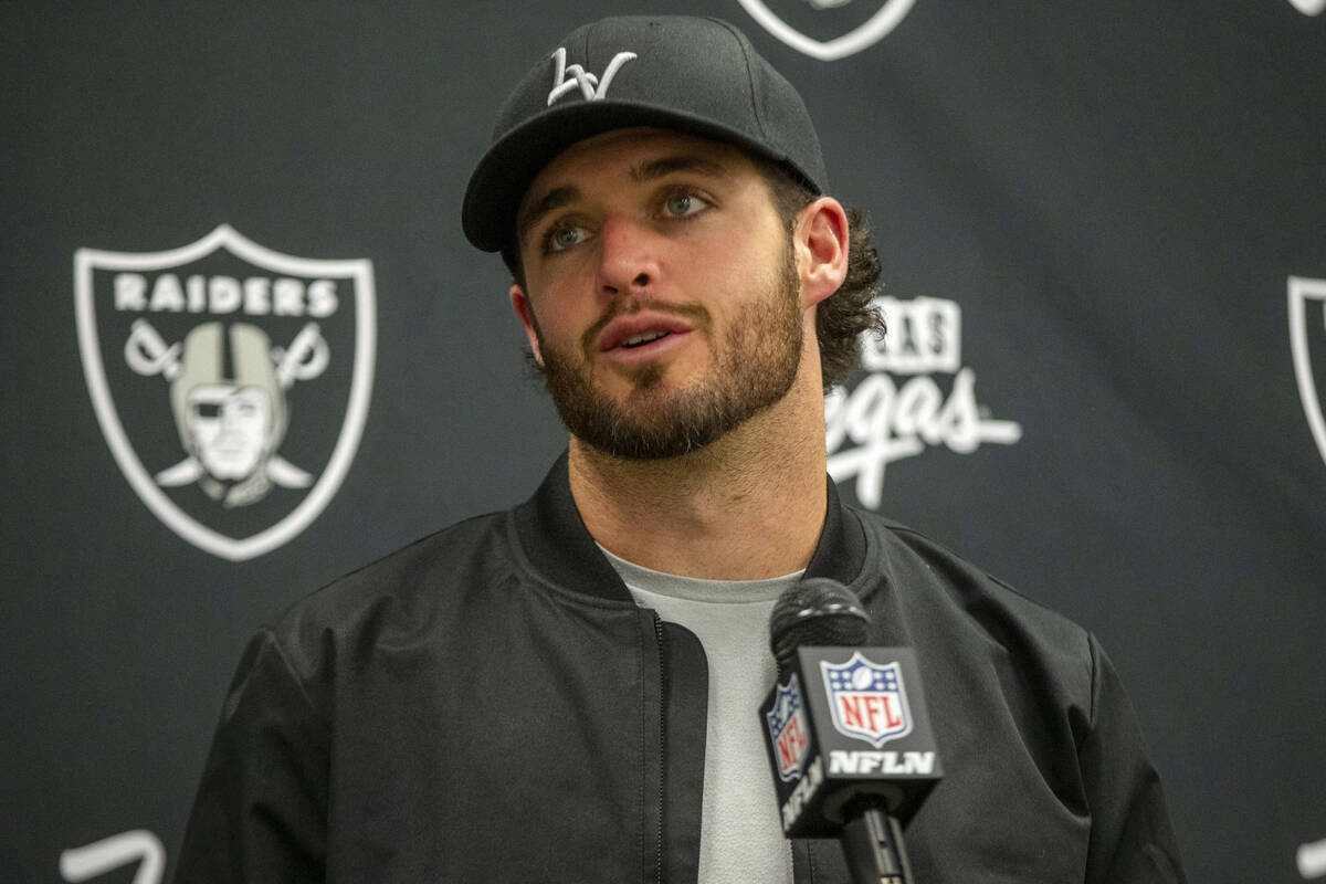 Raiders quarterback Derek Carr (4) addresses the media after an NFL football game where the Rai ...