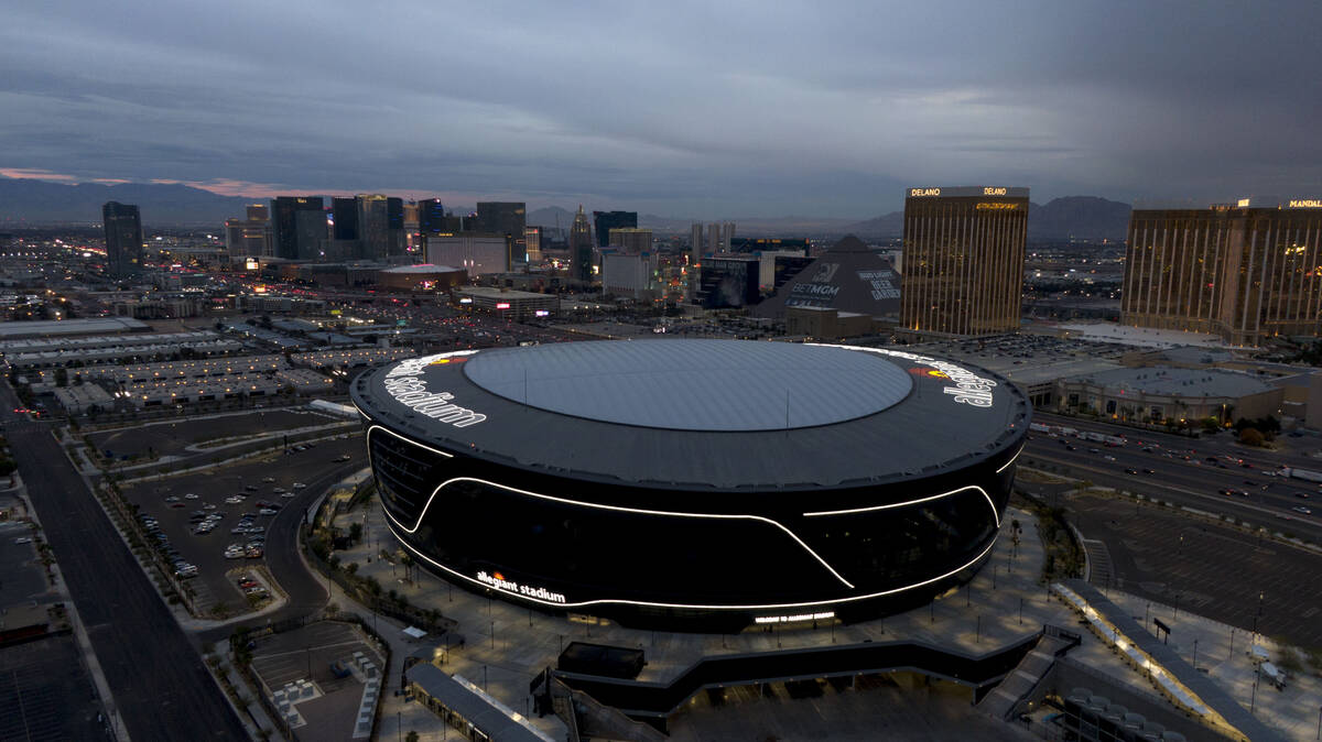 Aerial view of Allegiant Stadium and the Las Vegas Strip on Tuesday, December 7, 2021. (Michael ...