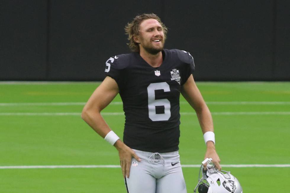 Las Vegas Raiders punter AJ Cole (6) warms up prior to a team practice at Allegiant Stadium in ...