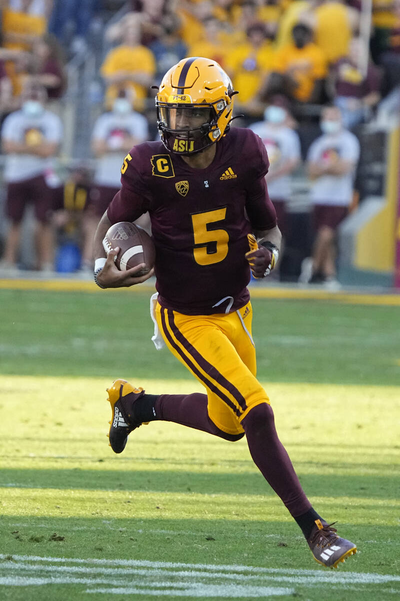 Arizona State quarterback Jayden Daniels (5) in the first half during an NCAA college football ...