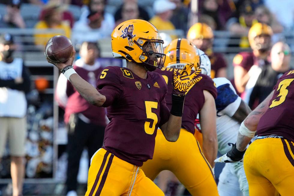 Arizona State quarterback Jayden Daniels (5) in the second half during an NCAA college football ...