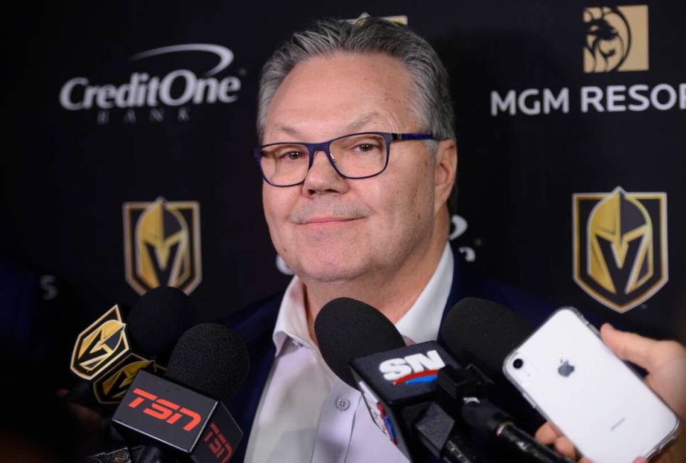 Vegas Golden Knights NHL hockey team general manager Kelly McCrimmon holds a news conference in ...