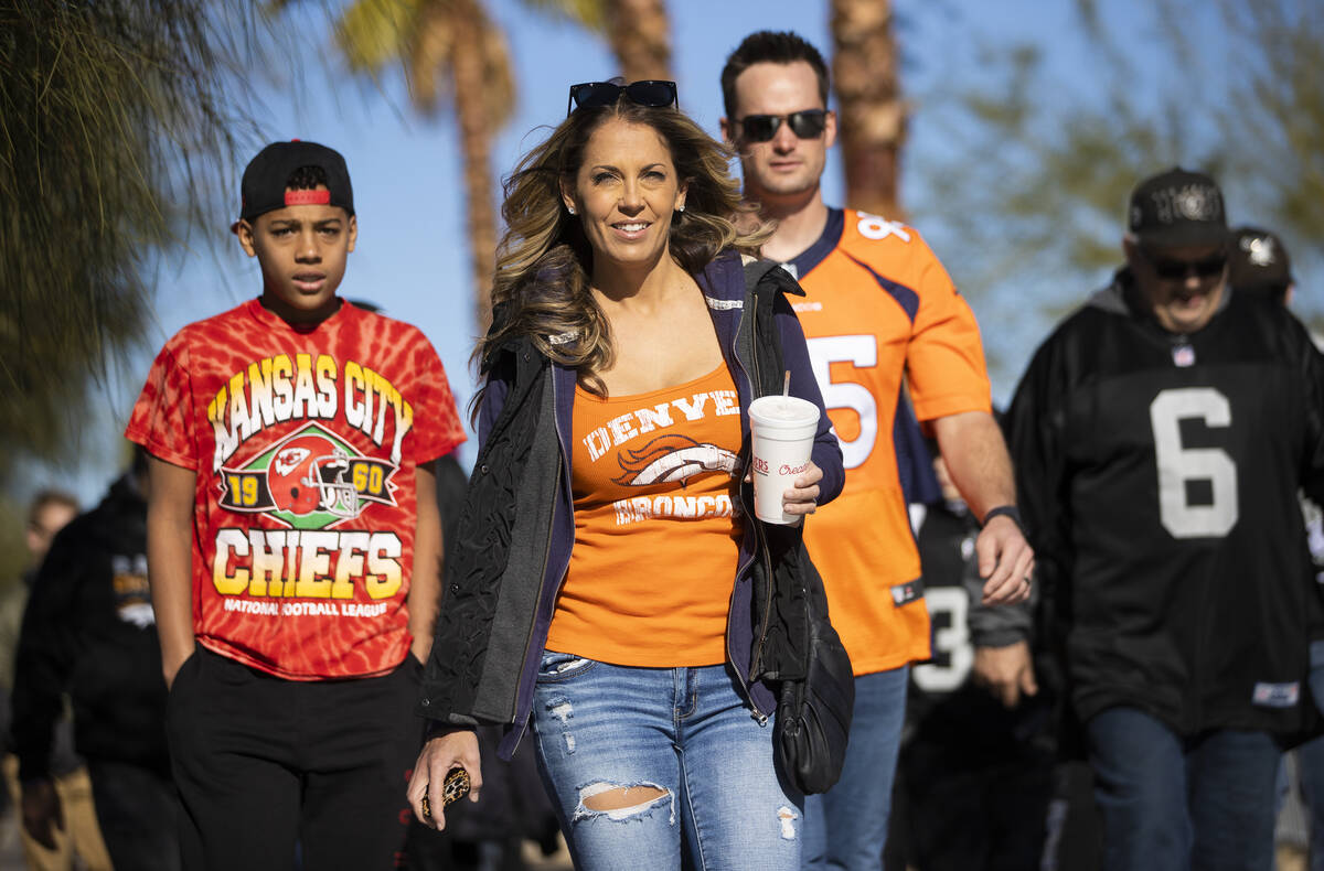 Denver Broncos fans before the start of an NFL football game against the Raiders on Saturday, D ...