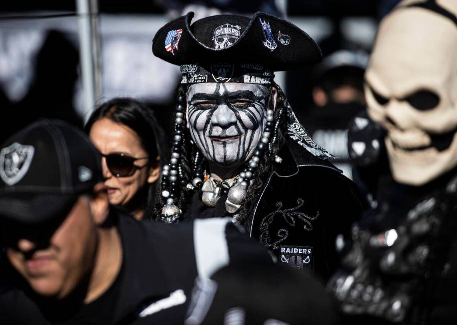 Raiders fans before the start of an NFL football game against the Denver Broncos on Saturday, D ...