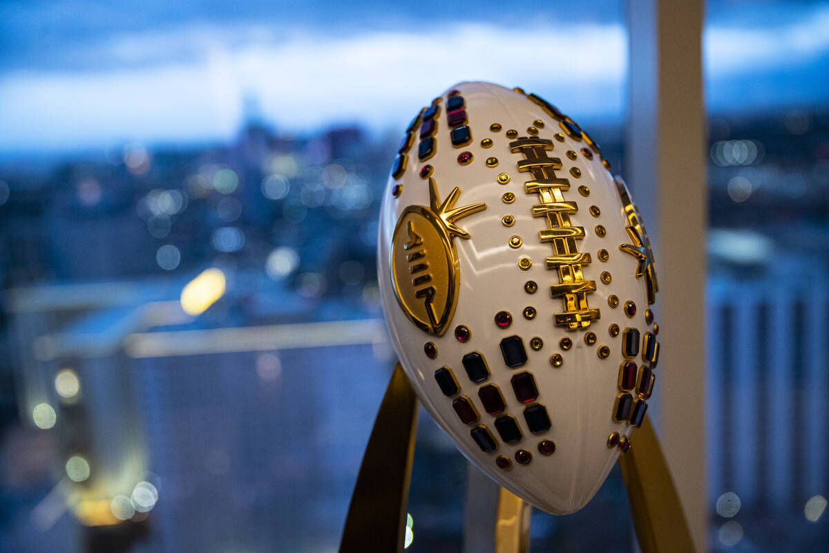 A detail of the Las Vegas Bowl trophy as seen during a media event at Circa's Legacy Club on Mo ...