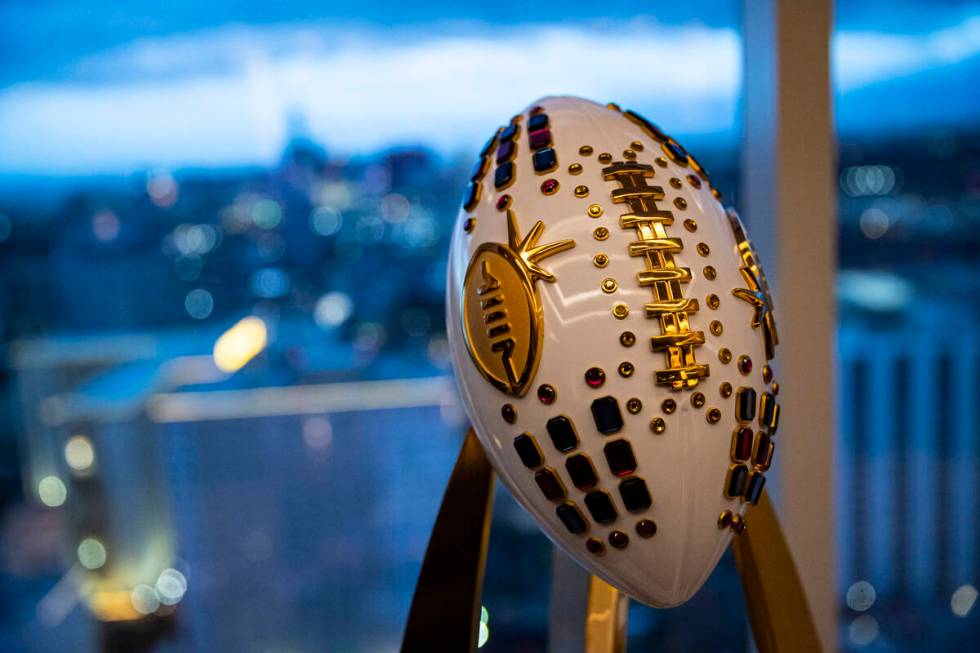 A detail of the Las Vegas Bowl trophy as seen during a media event at Circa's Legacy Club on Mo ...