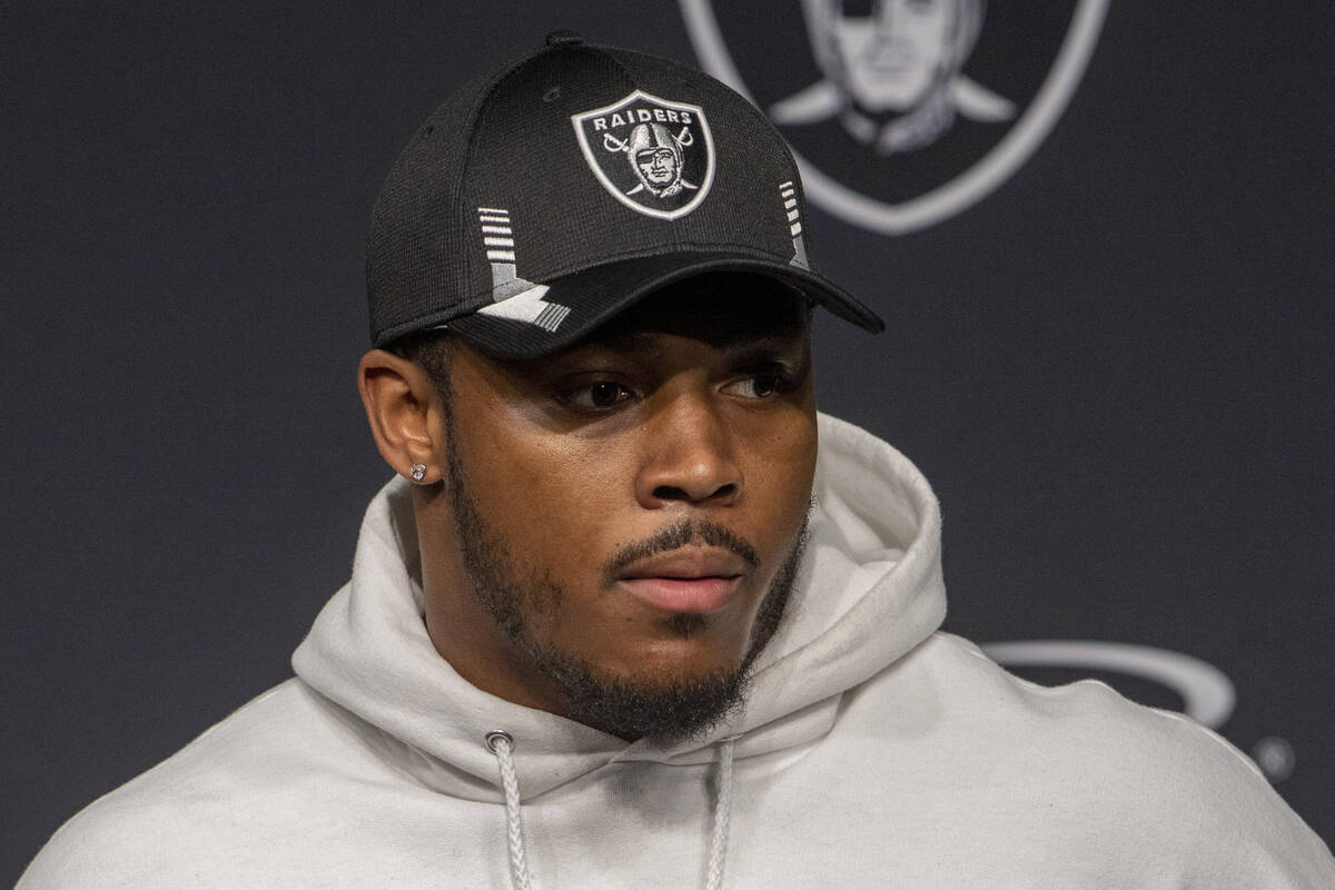 Raiders running back Josh Jacobs meets with the media during a postgame news conference after t ...