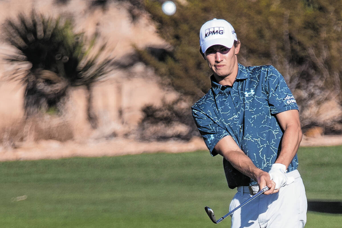 Maverick McNealy hits the ball from the 18th fairway during the CJ Cup Pro AM tournament at the ...