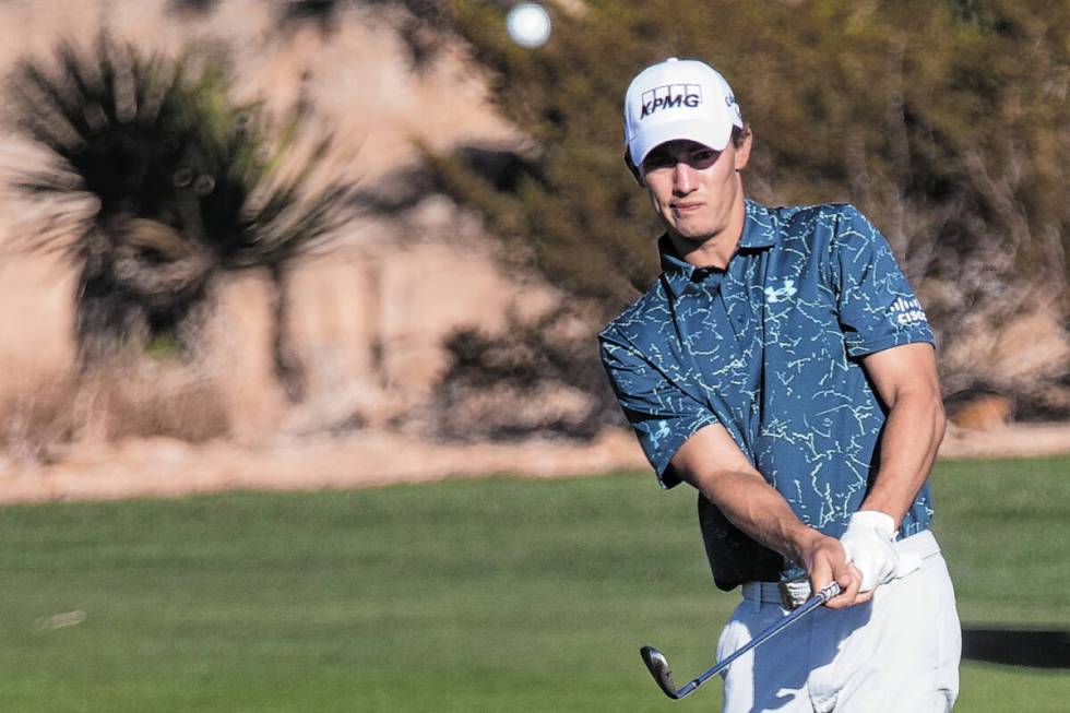 Maverick McNealy hits the ball from the 18th fairway during the CJ Cup Pro AM tournament at the ...